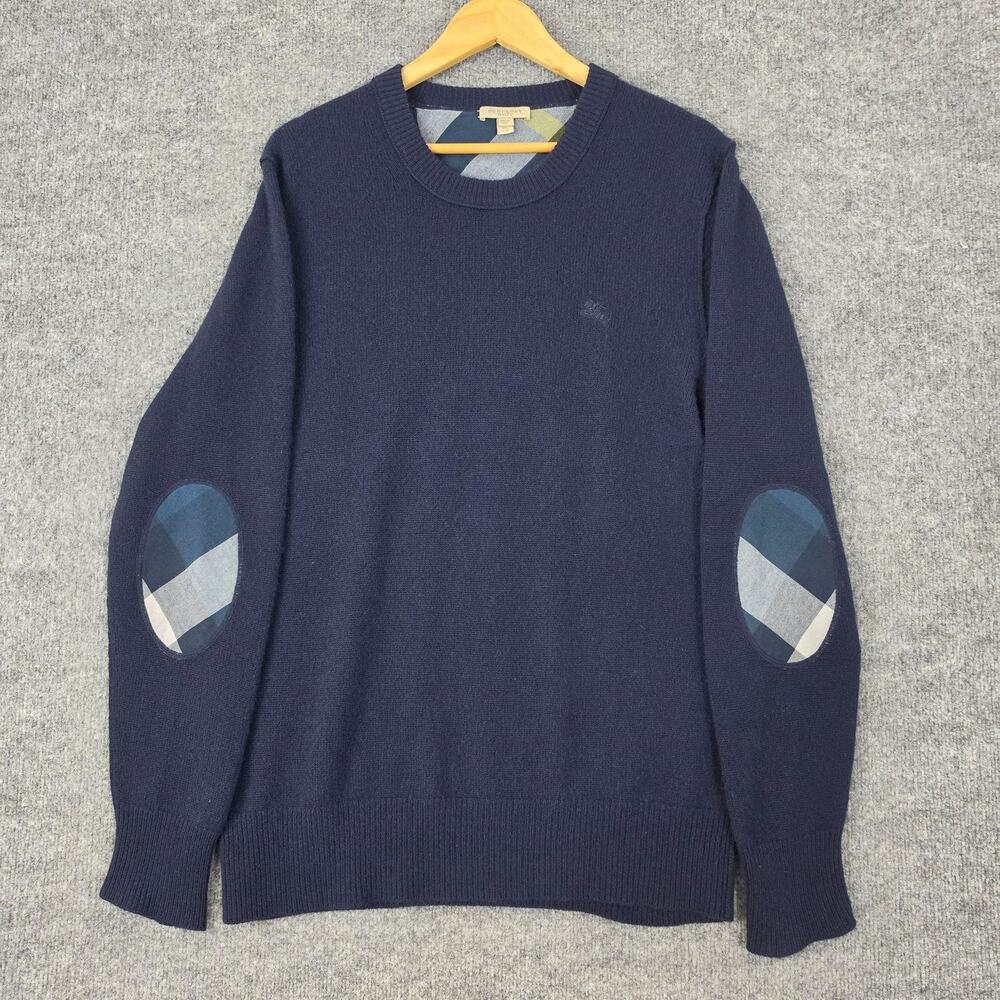 Burberry Brit Sweater Mens XL Navy 100% Cashmere Knit Check Elbow Patch Preppy